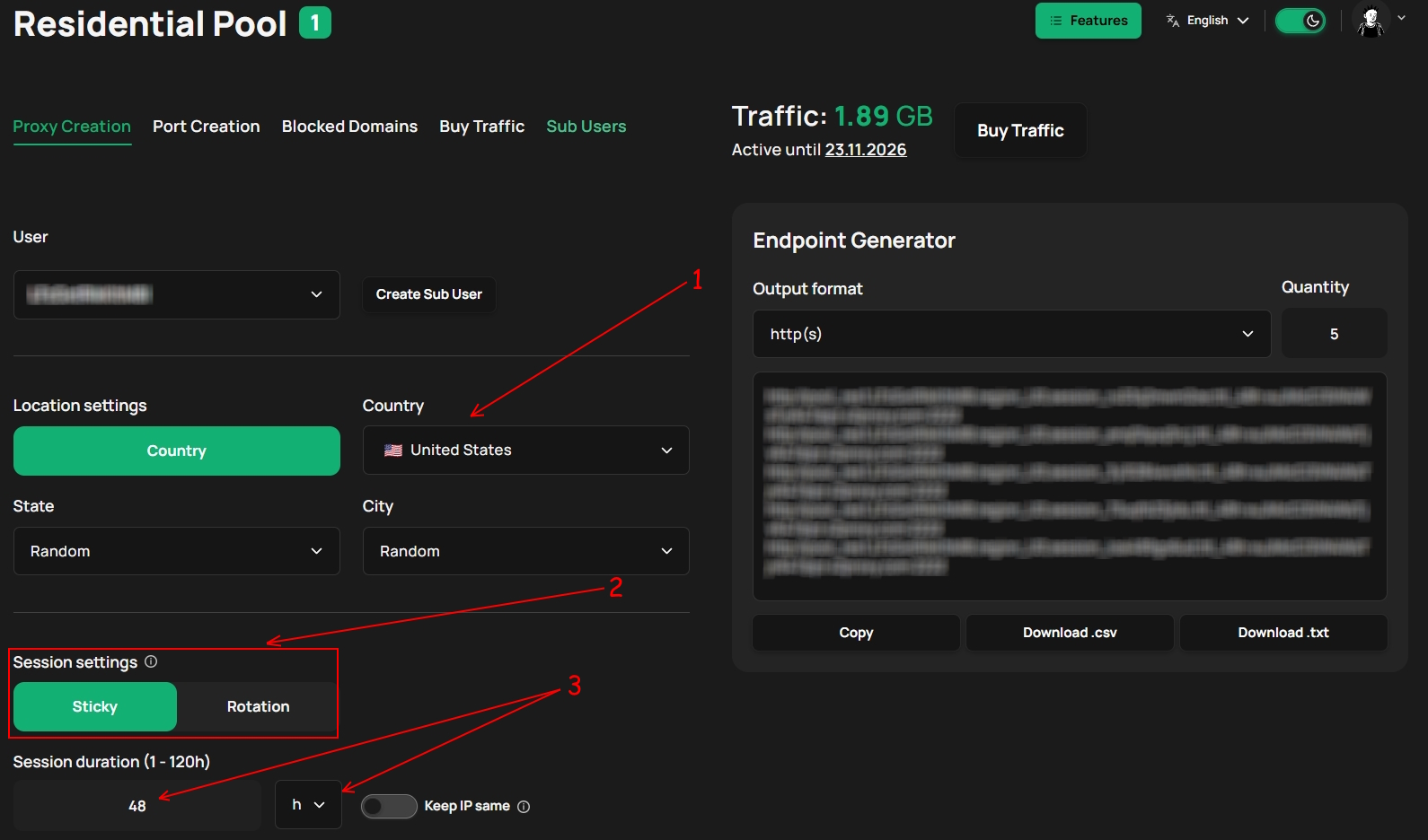 X2Proxy country and sticky-session settings with a one-hour duration selected.
