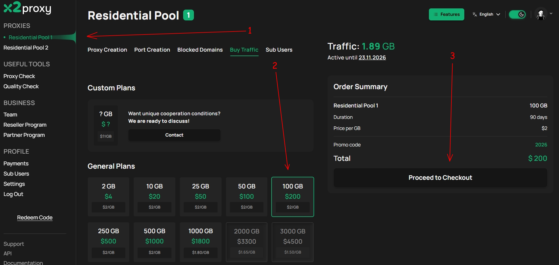 X2Proxy residential pool with Buy Traffic and a traffic package highlighted.