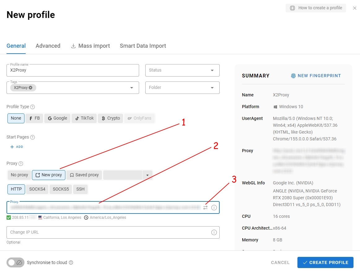 Dolphin Anty profile settings with a new HTTP proxy and its connection-check control highlighted.