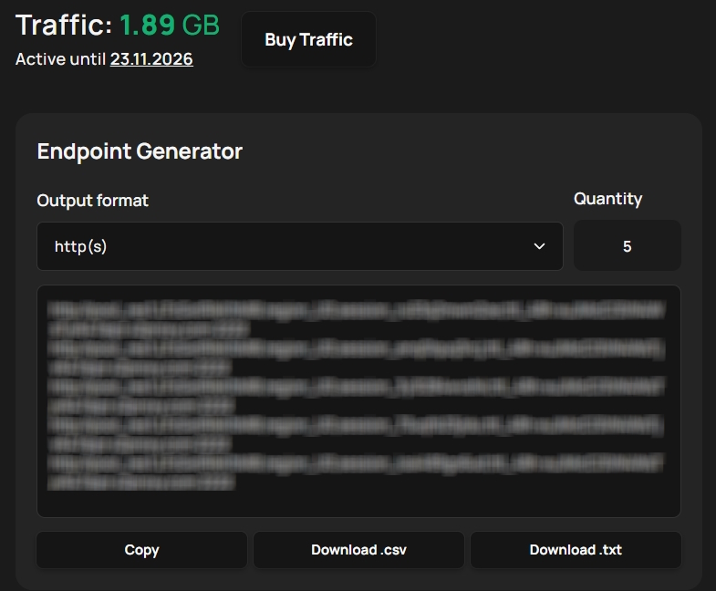 X2Proxy endpoint generator with Copy and the connection-field breakdown highlighted.
