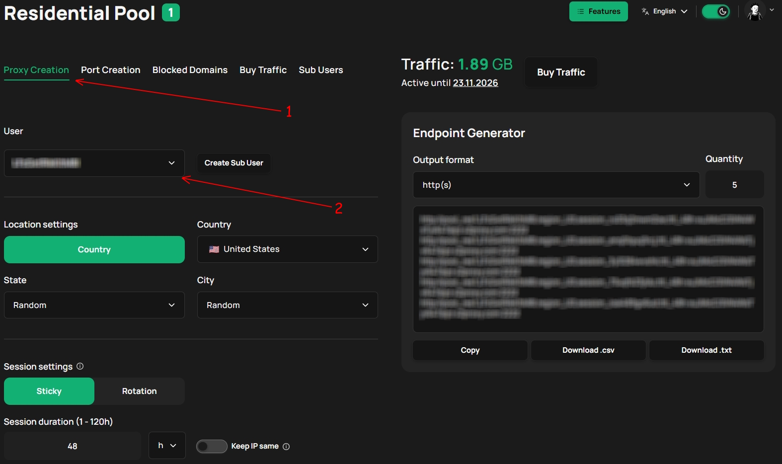 X2Proxy Proxy Creation tab with the main sub-user selected.
